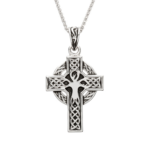 Sterling Silver Oxidized Tree of Life Celtic Cross Necklace