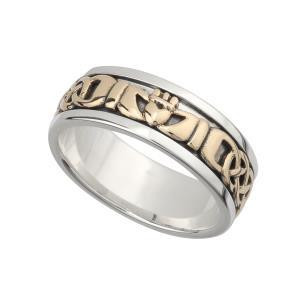 LARGE STERLING SILVER AND 10K GOLD CLADDAGH WITH CELTIC WEAVE BAND