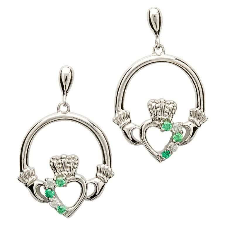 Sterling Silver Green Crystal Claddagh Earrings