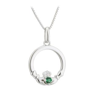 STERLING SILVER GREEN CRYSTAL STONE CLADDAGH NECKLACE