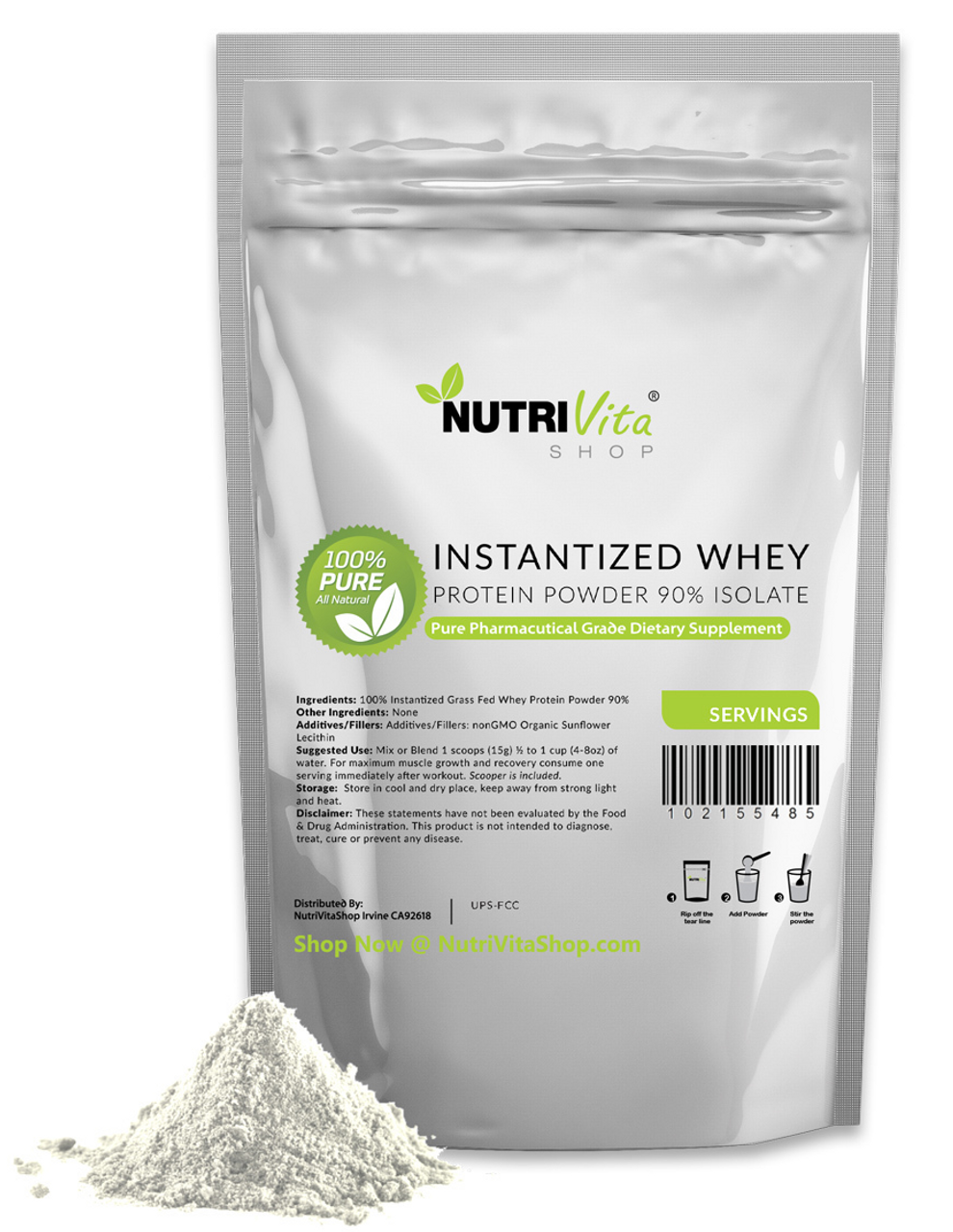 Whey Protein Grass Fed Instantized Isolate 90% Unflavored 100% Pure