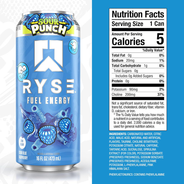 Ryse Fuel Drink 16 Onzas 12 Paquete Sour Punch Blue Raz