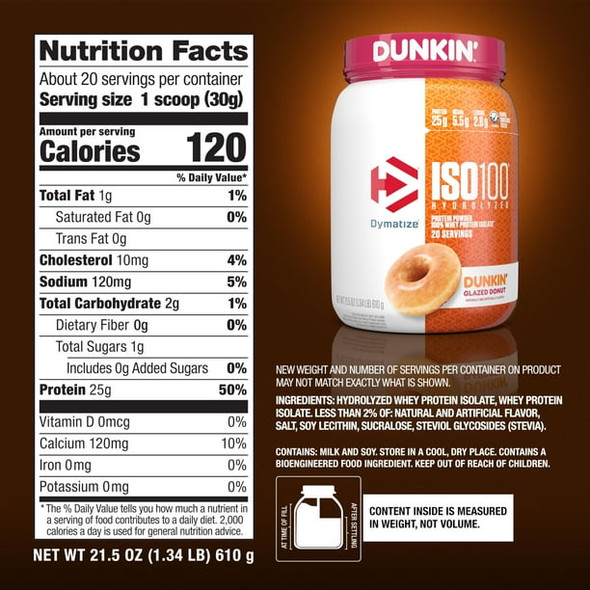 Dymatize Iso 100 1. 3 Libras 20 Porciones Dunkin Glazed Donut