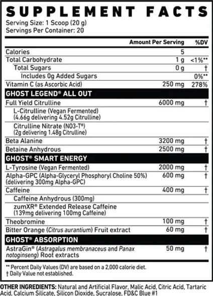 Ghost Legend All Out Pre - Entreno 20 Porciones Blue Raspberry