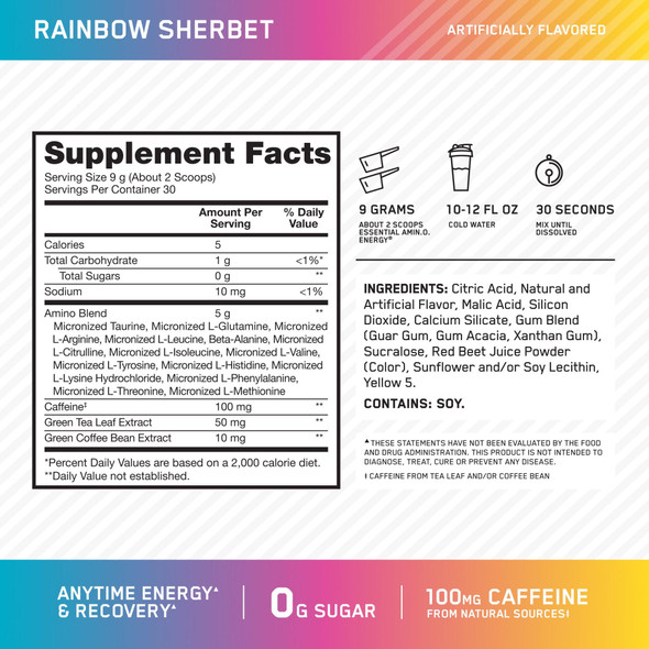 Optimum Nutrition Amino Energy 270 Grs Rainbow Sherbet Sabor