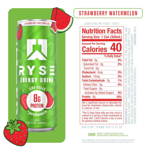 Ryse Energy Protein Drink 12 Onzas 12 Paquete Strawberry Watermelon