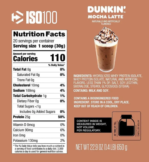 Dymatize Iso 100 1 3 Libras 20 Porciones Dunkin Mocha Latte