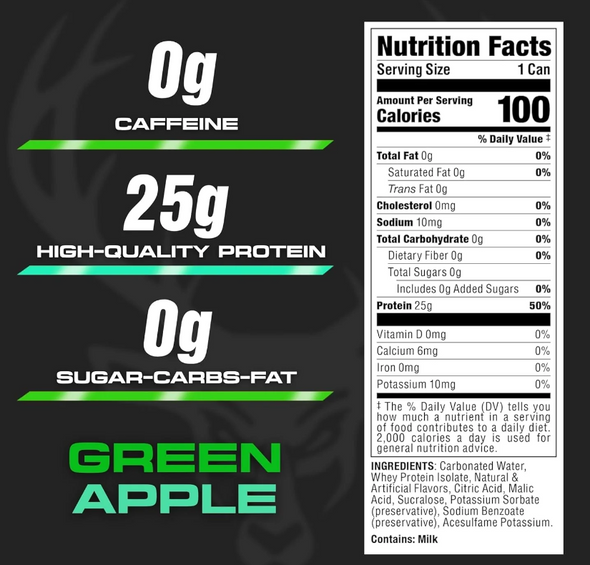 Bucked Up Lightly Carbonated Protein 16 Onzas 12Pk Green Apple