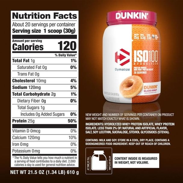 Dymatize Iso 100 1. 3 Libras 20 Porciones Dunkin Glazed Donut