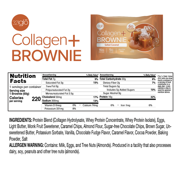 321Glo Collagen Brownie 12 Paquete Salted Caramel