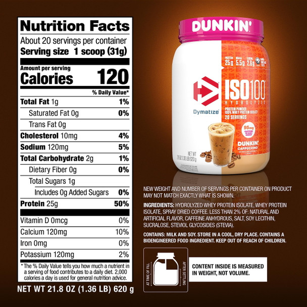 Dymatize Iso 100 1. 3 Libras 20 Porciones Dunkin Cappuccino