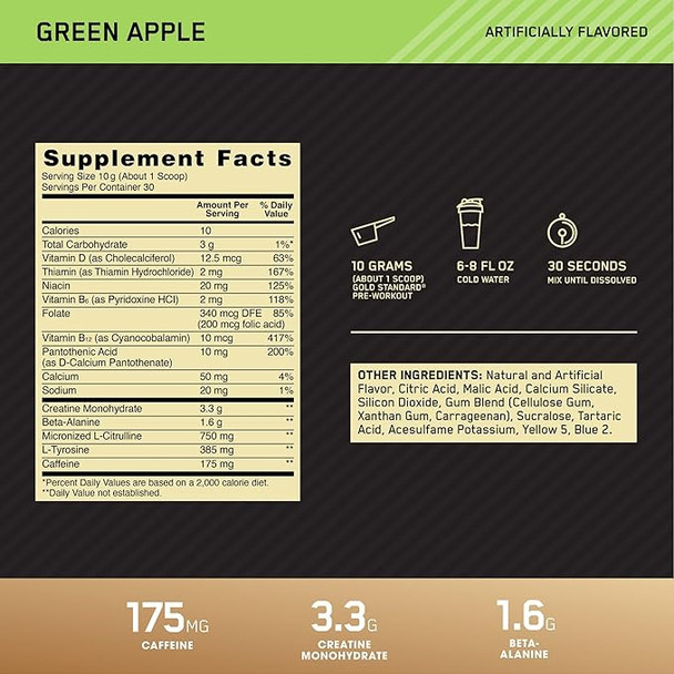Optimum Nutrition Gold Std Pre - Entreno 30 Porciones Green Apple