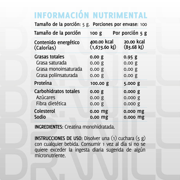 Dr Will Creatina Monohidratada Alta Pureza 500 Grs