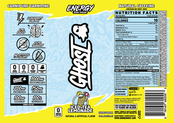 Ghost Energy 16 Onzas 12 Paquete Iced Tea Lemonade Sabor