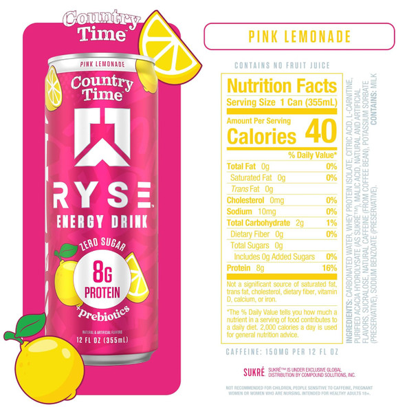 Ryse Energy Protein Drink 12 Onzas 12 Paquete Country Time Pink Lemonade