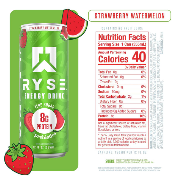 Ryse Energy Protein Drink 12 Onzas 12 Paquete Strawberry Watermelon