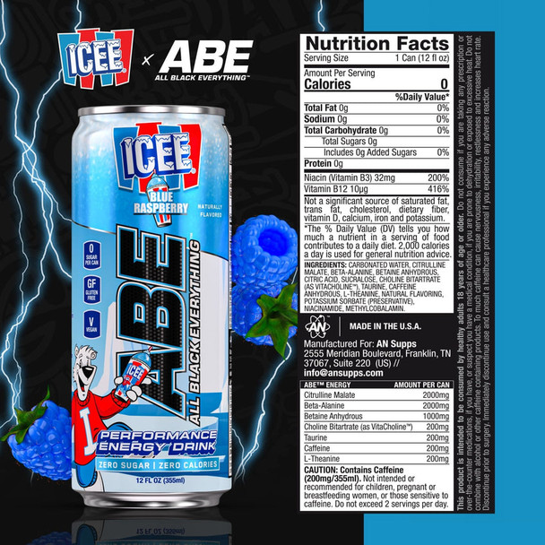 An Applied Nutrition Abe Icee Performance Energy Drink 12Oz 12Pk Blue Raspberry