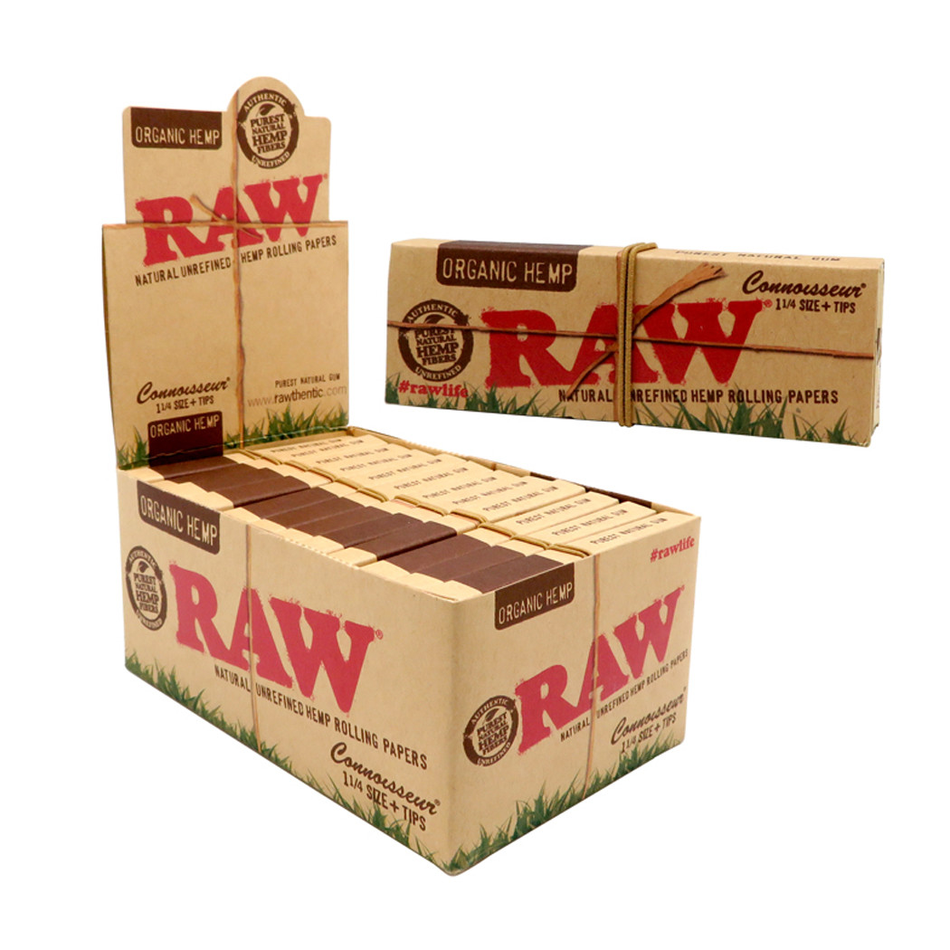 RAW®️ - Organic Connoisseur Rolling Papers 1¼ with Tips - Display of 24 (MSRP $3.00ea)