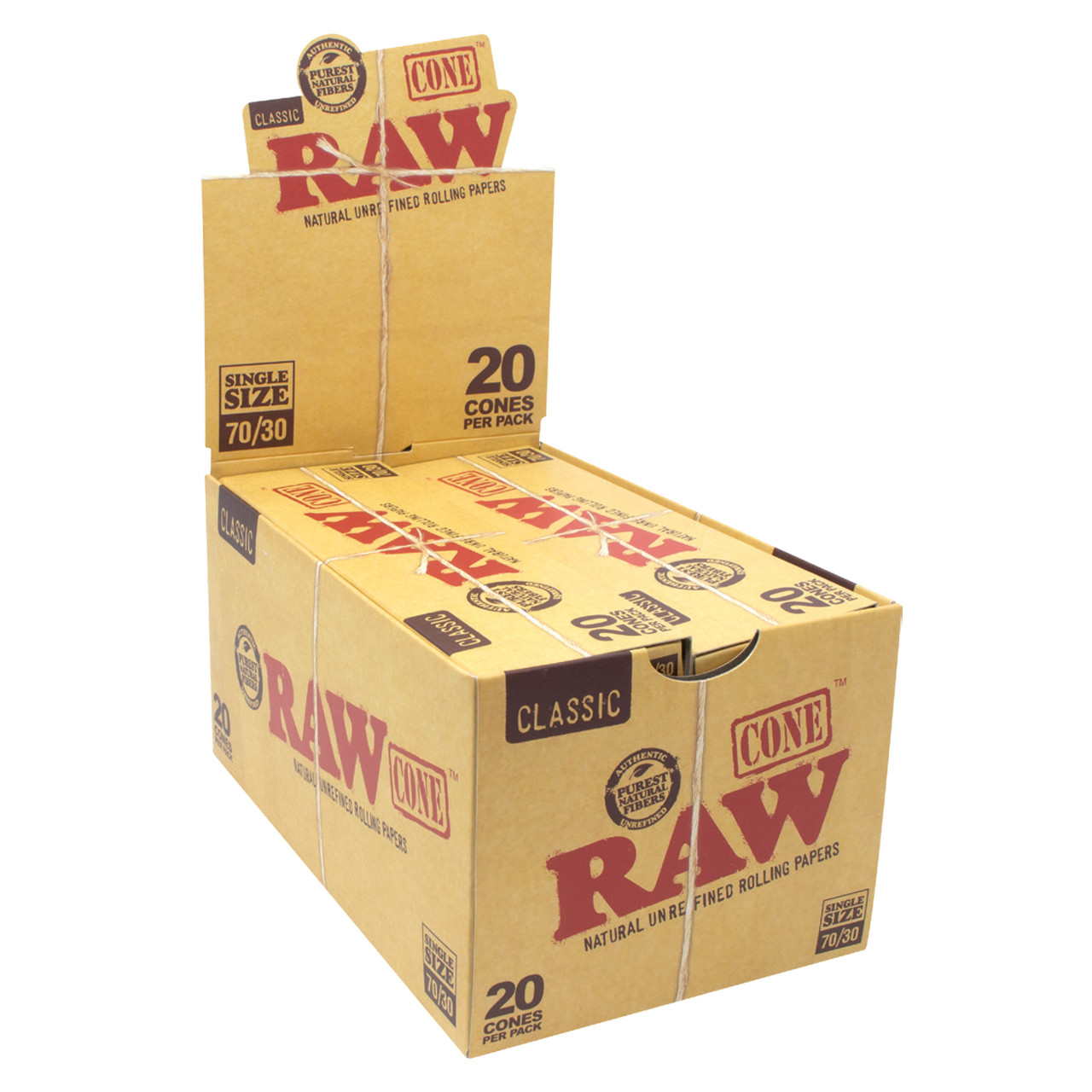 RAW® - Classic Pre-Roll Cone 70mm/30mm Size (20ct) with Funnel - Display of 12 (MSRP $8.00ea)