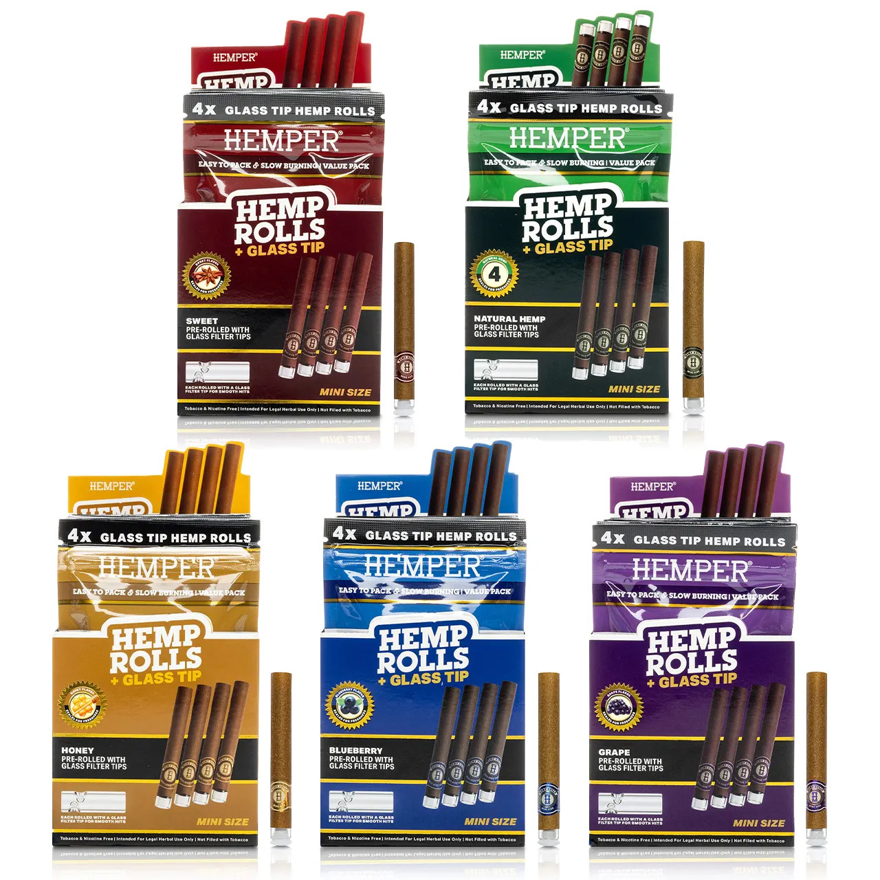Hemper - Hemp Mini Rolls with Glass Tips (4pk) - Display of 12 (MSRP $3.99ea)