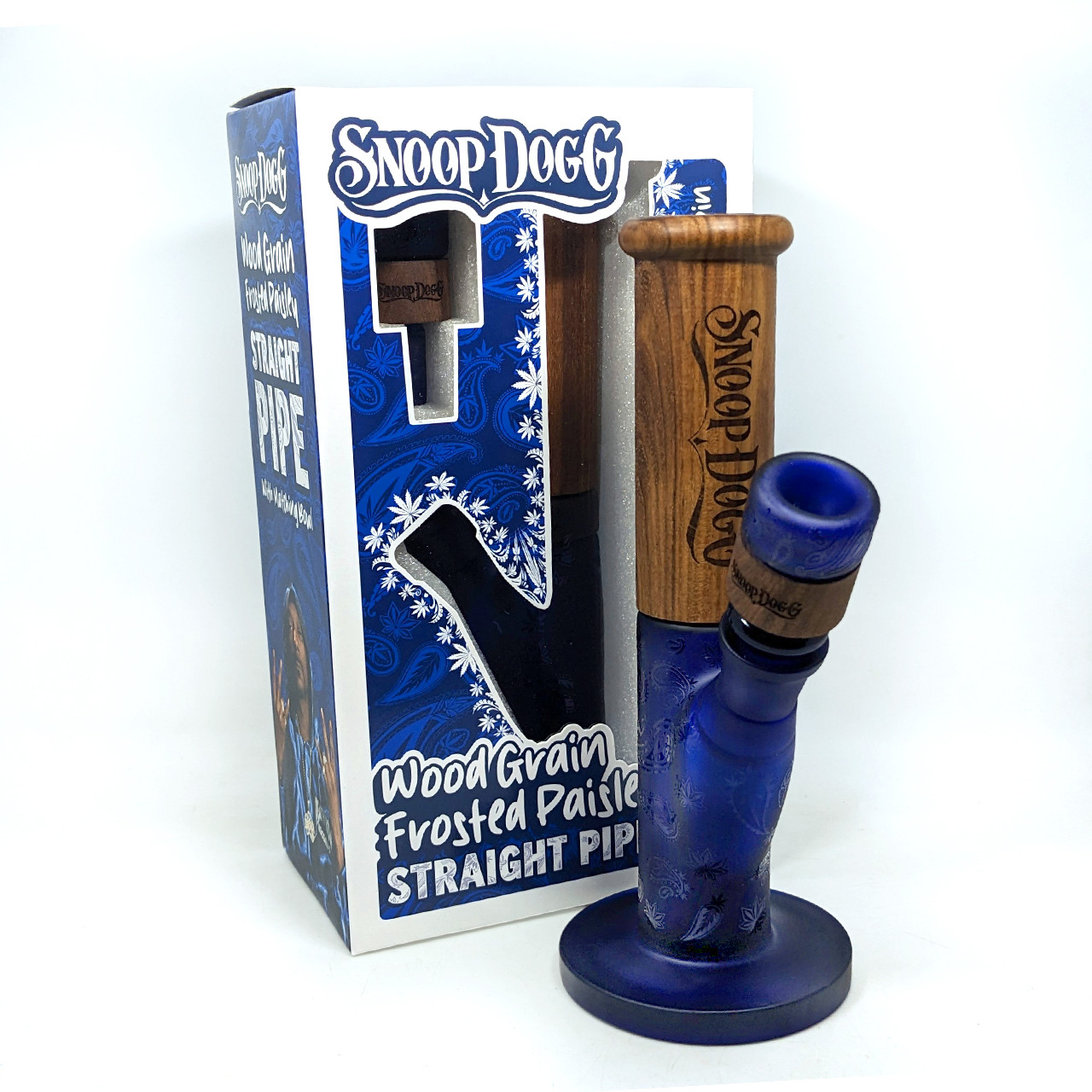 Snoop Dogg - 8" Wood Grain Frosted Paisley Straight Water Pipe with Matching 14M Bowl - Blue (MSRP $99.99)