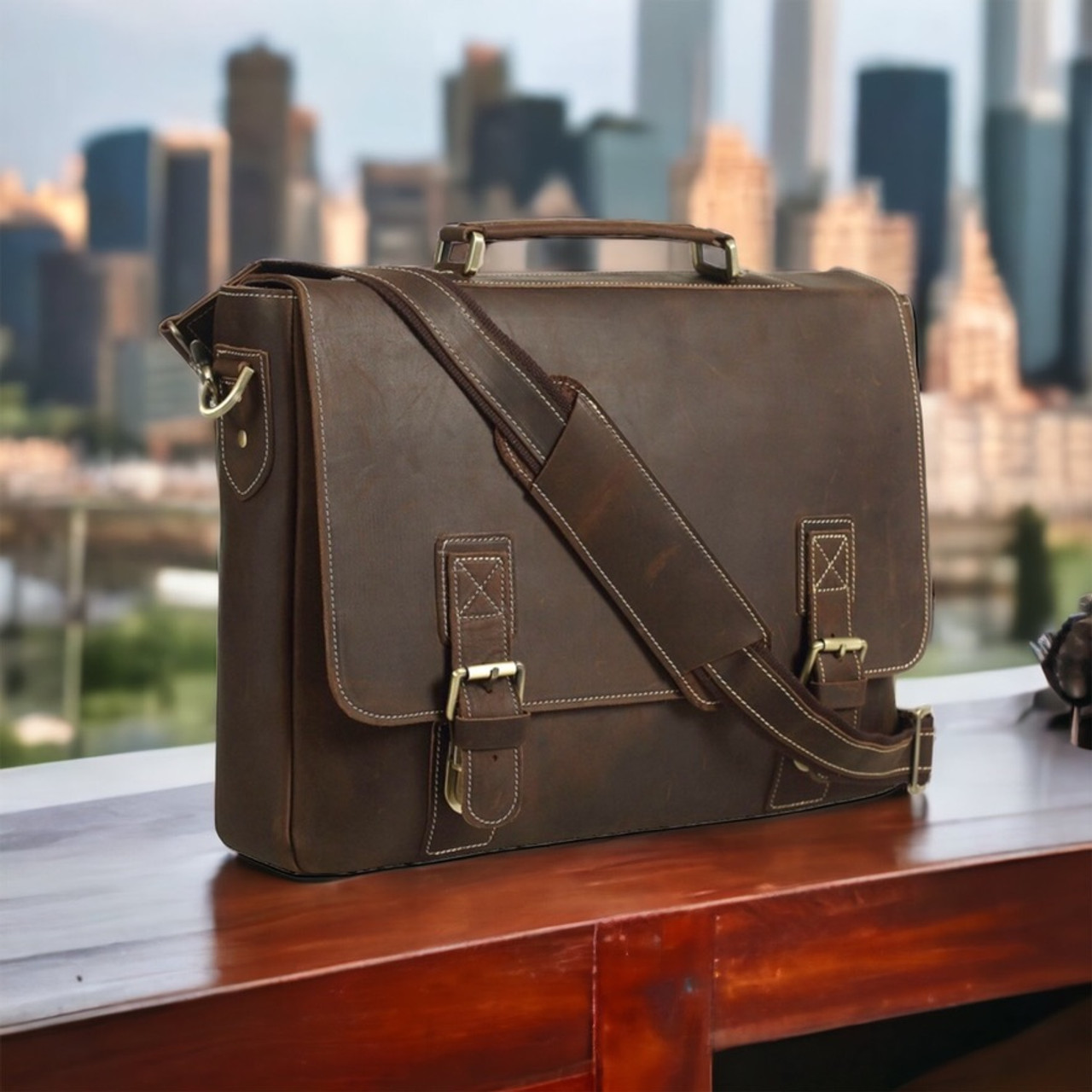 Personalized Monogram Full Grain Distressed Leather Briefcase Messenger Bag  Laptop Bag