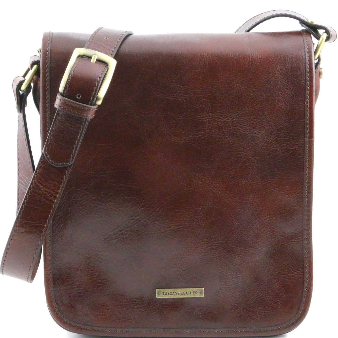 Tuscany Leather Vertical Messenger Bag (Two Compartment) (Dark Brown)