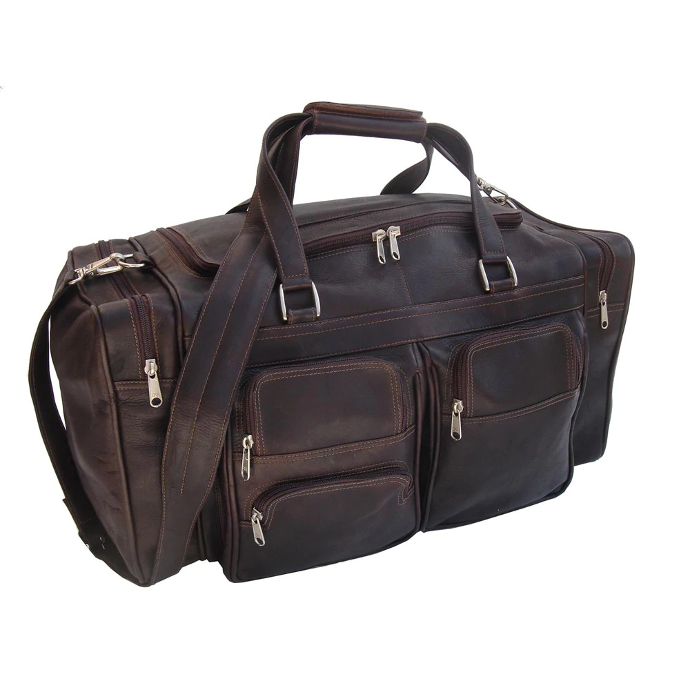 Piel Leather Duffel Bag With Pockets, Chocolate, 20" Piel Leather Duffel Bag With Pockets, Chocolate, 20"