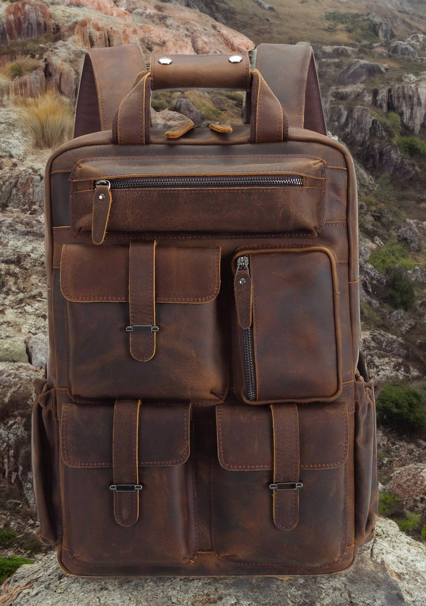 archive multi pocket leather hand bag Unisex Brown Leather EDC 