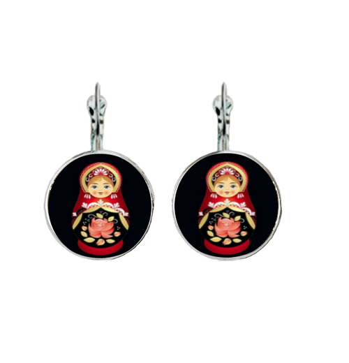 Beautiful Matryoshka Matreshka Cabochon Leverback Earrings Red on Black Undertone