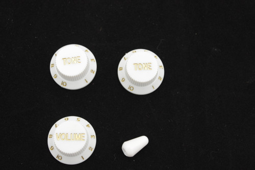 White / Gold Knobs & Switch Tip Set for Fender Strat 1 Volume , 2 Tone