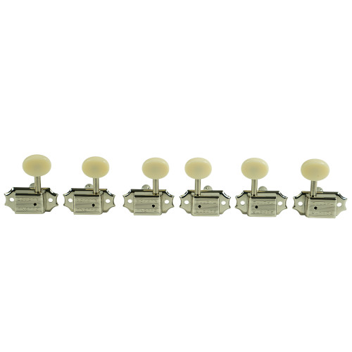 Kluson 3x3 Deluxe Series Tuning Machines - Double Line, Nickel, Plastic Oval Buttons, KD-3-NPDR w/ ferrules