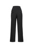 A pair of black maternity pants with a wide waistband and back pockets, featuring a structured cut.