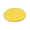 A yellow flying disc featuring a smooth surface and raised concentric rings.