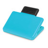 A turquoise magnetic clip with a black grip on top, suitable for holding papers or notes.
