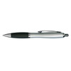 A sleek metal pen featuring a silver body and a black grip for comfortable writing.