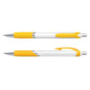 A plastic pen with a white barrel and yellow grips, featuring a silver clip and accents. It has a logo on the barrel.