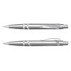 A silver plastic pen with a shiny finish and a clip. The pen features sleek, contemporary design elements.