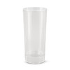 A clear shot glass with a simple, modern design, featuring a smooth finish and a sturdy base.