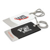 A set of two luggage tags, one white with a logo and one black with a logo, featuring a cord for attachment.