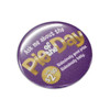 A round 75mm button badge in purple with a shiny finish, featuring a logo and promotional text.