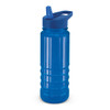 A drink bottle in a vibrant blue hue with a matching lid and a flip-top spout, featuring a logo.