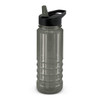 A drink bottle featuring a dark grey design, equipped with a black lid and a spout for easy pouring.