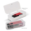 A red and black Helix 4GB Mix & Match Flash Drive in a clear case, inside a magnetic closure gift box.