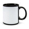 A coffee mug featuring a black exterior with a white interior and a curved handle. It has a logo on its surface.