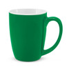 A green coffee mug with a white interior and a simple handle. It features a logo on the side.