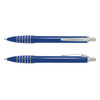 A blue plastic pen featuring a sleek design and chrome accents, with a branding logo on its body.