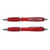 A red translucent plastic pen with chrome accents, featuring a clip and a ballpoint tip.