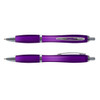 A purple translucent pen with chrome accents, featuring a sleek design and a clip for easy attachment.