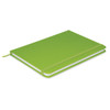 A green Omega Notebook featuring a soft cover, an elastic band closure, and white pages.